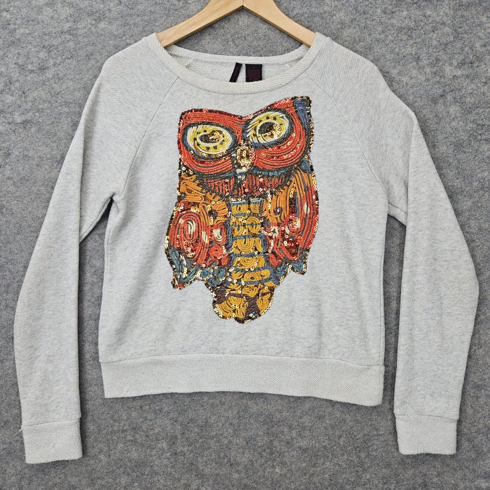 Heart N Crush Women Gray Sweatshirt Size S Cotton Blend Sequin Owl Graphic SPOTS